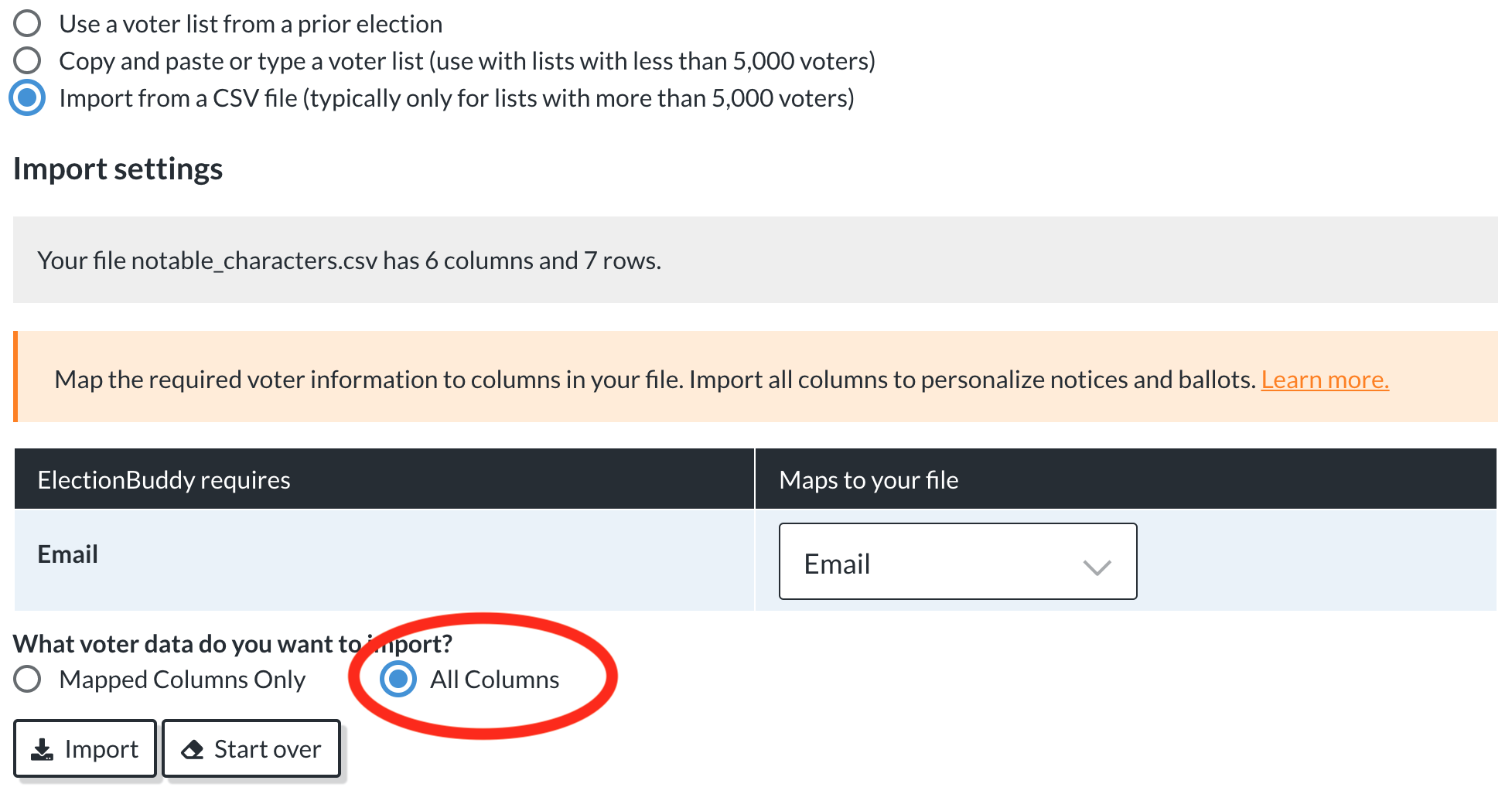 the user interface to with option to include all columns in import