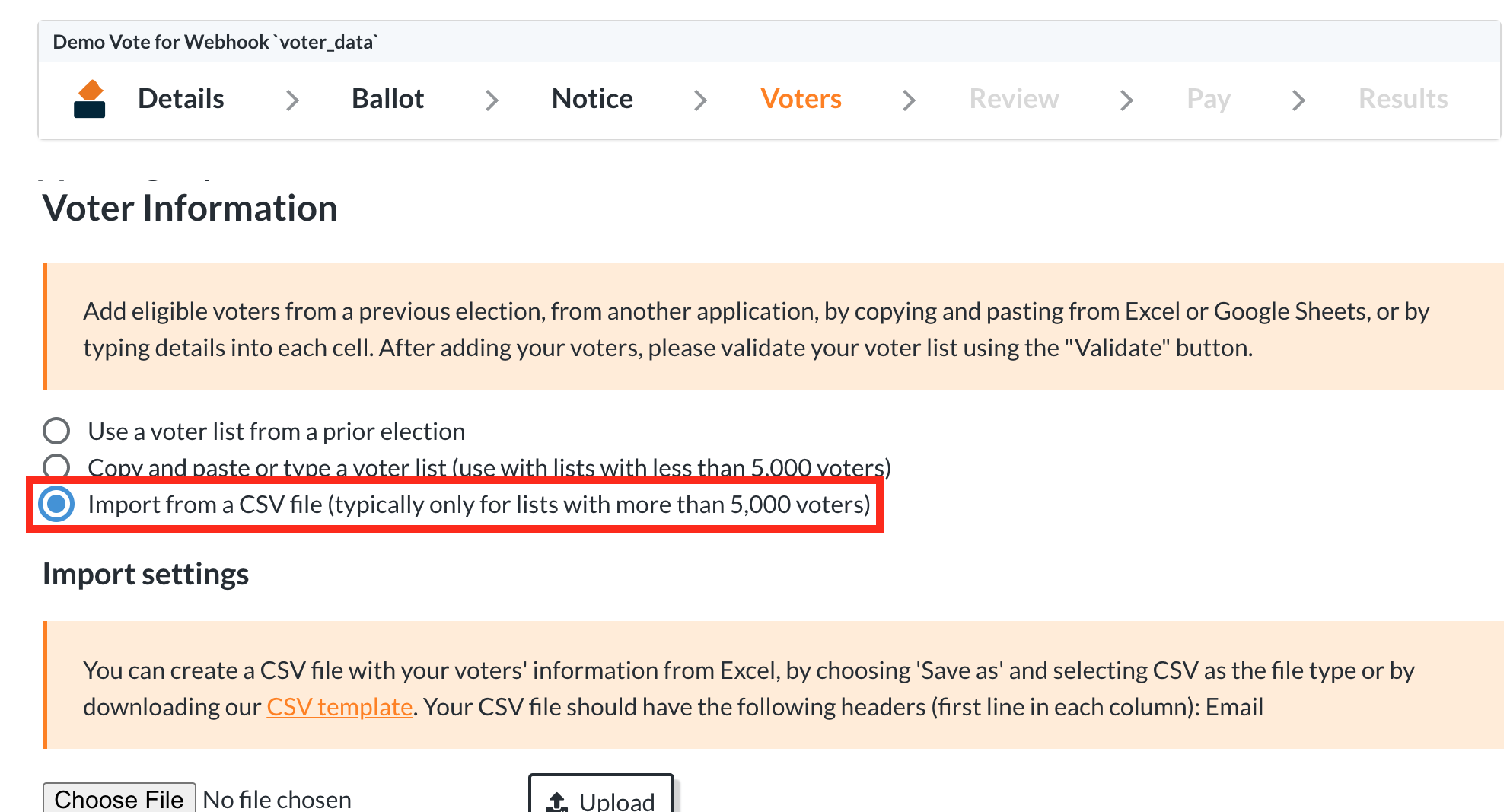 the user interface to choose your voter list importation method