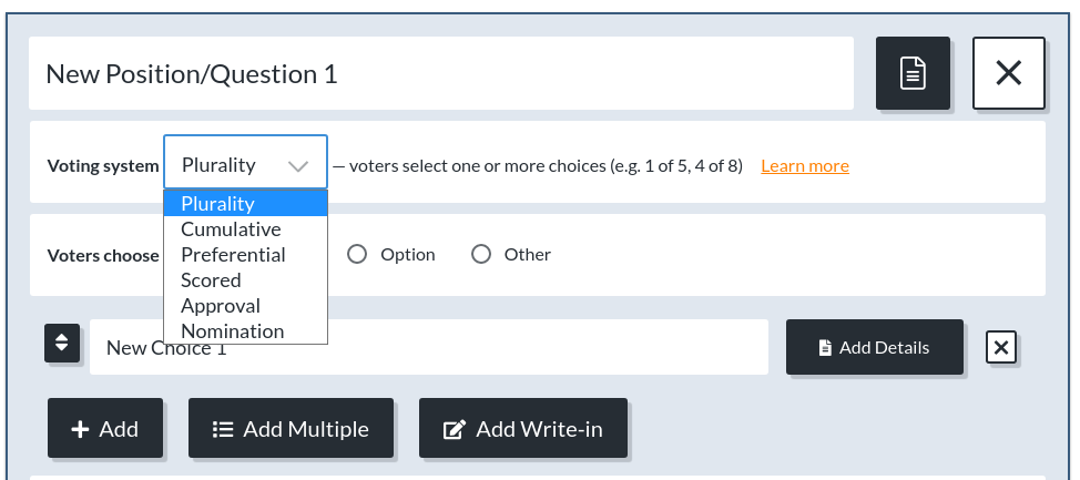 A drop down offering 6 choices: Plurality, Cumulative, Preferential, Approval, Nomination, and Scored